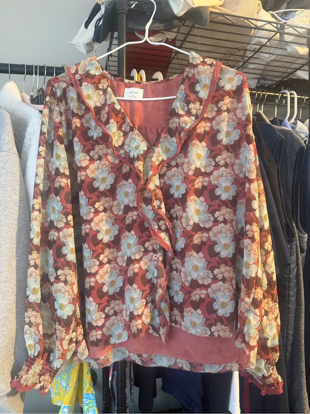 Aritzia Wilfred Floral Ruffle-Trim Long Sleeve Blouse - Rust Floral